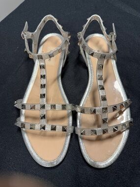 Valentino Garavani Silver Pyramid-Stud T-Strap Sandals